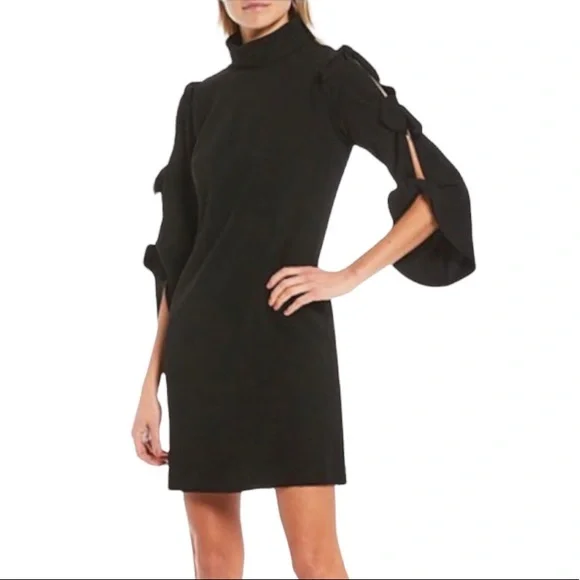 💥SOLD💥Alex Marie Nina Bow Sleeves Mock Neck Mini Dress Black Sz 2 NWT - Picture 1 of 10